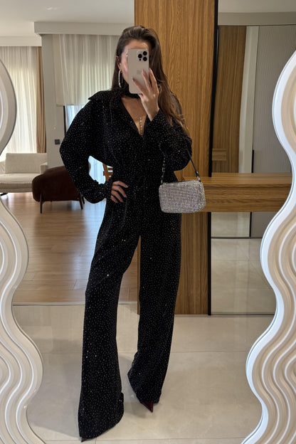 De Liano Siyah Şal Detaylı Taşlı Takım