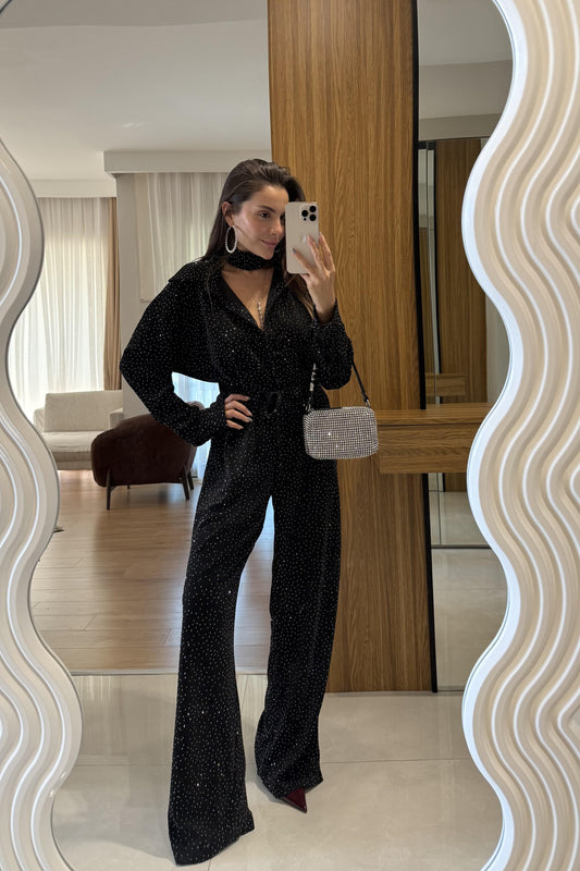 De Liano Siyah Şal Detaylı Taşlı Takım