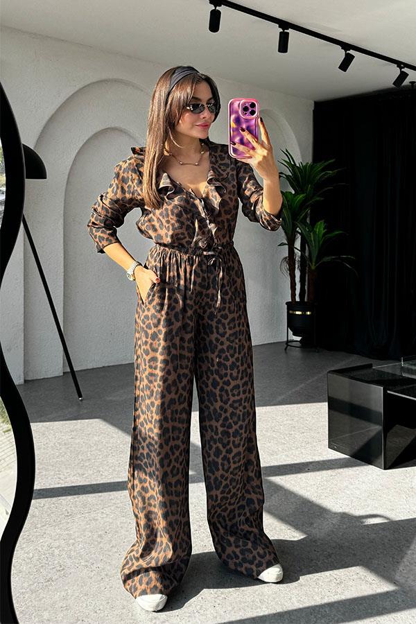 Denis Fırfırlı Koyu Leopar Takım