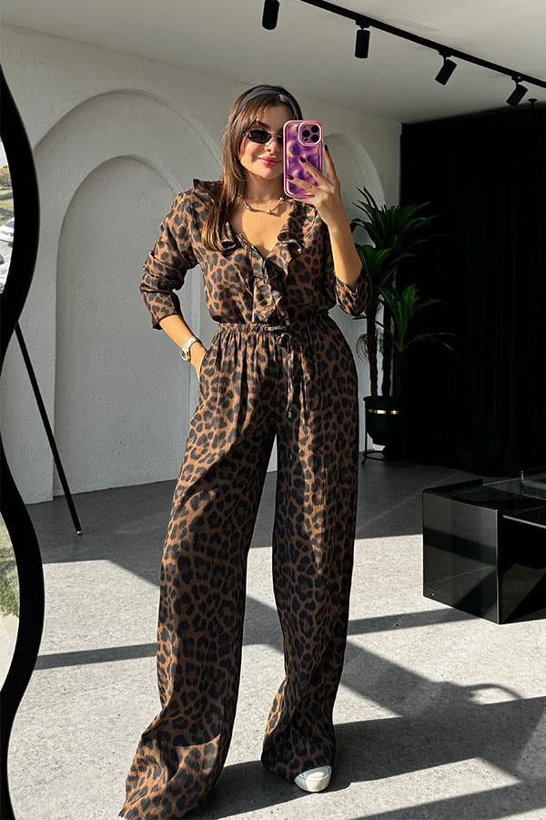 Denis Fırfırlı Koyu Leopar Takım