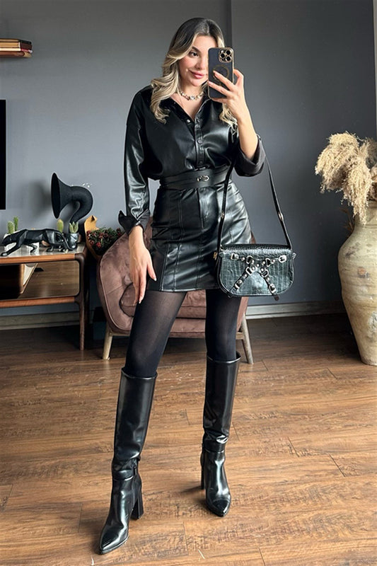 Deri gömlekli etekli ikili takım