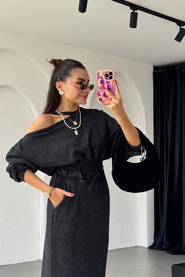 Destiny Omuz Dekolteli Antrasit Etekli Takım