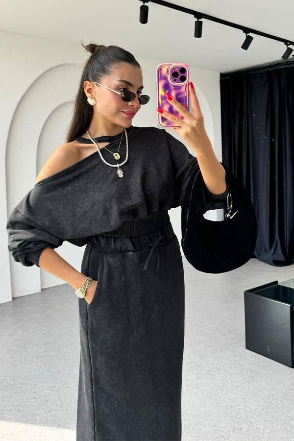 Destiny Omuz Dekolteli Antrasit Etekli Takım