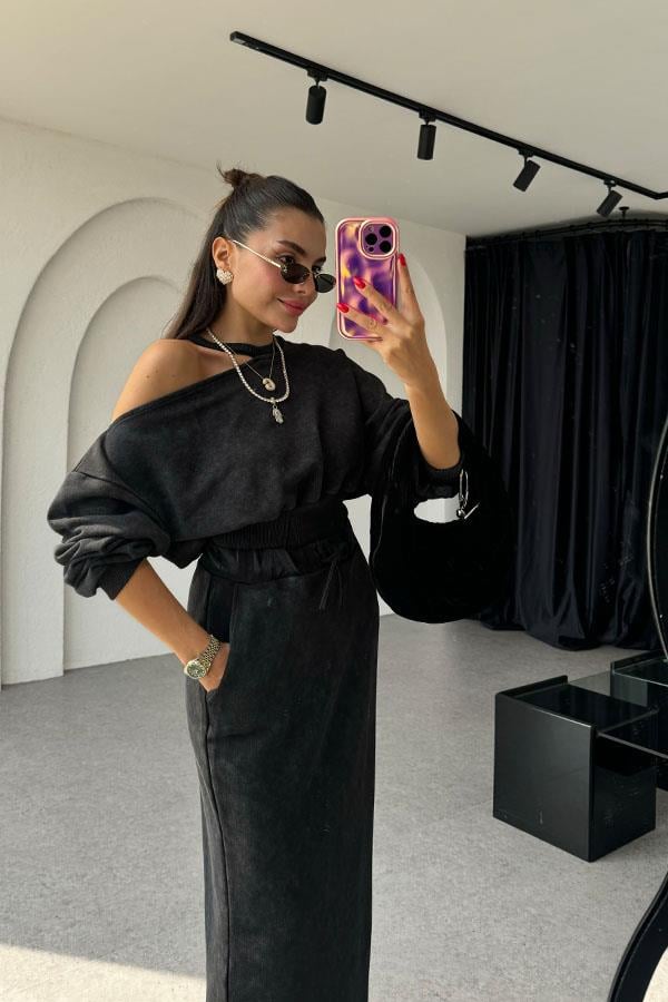 Destiny Omuz Dekolteli Antrasit Etekli Takım