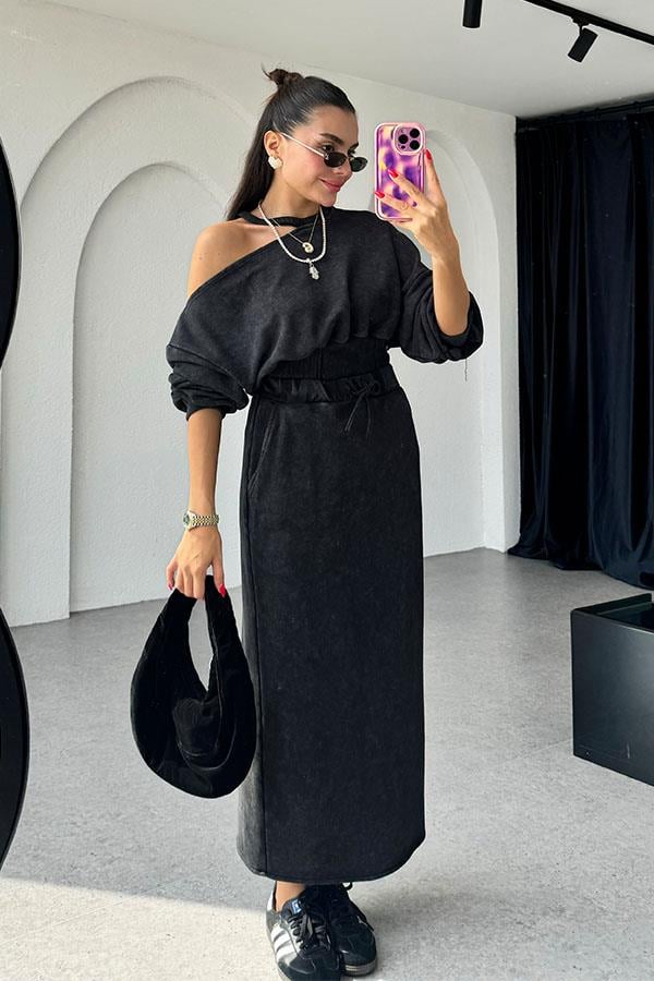 Destiny Omuz Dekolteli Antrasit Etekli Takım