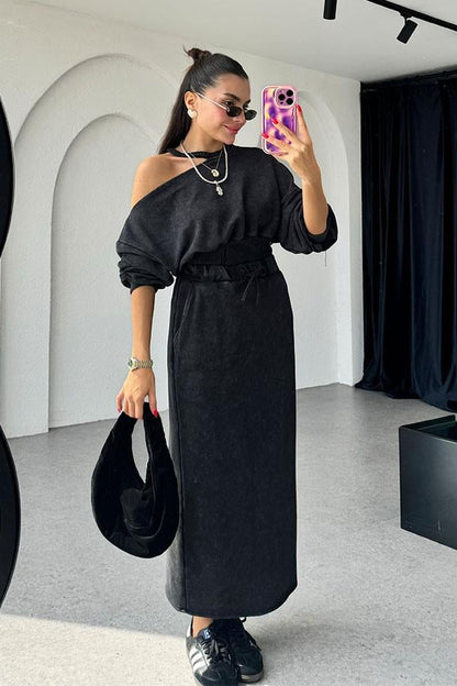 Destiny Omuz Dekolteli Antrasit Etekli Takım