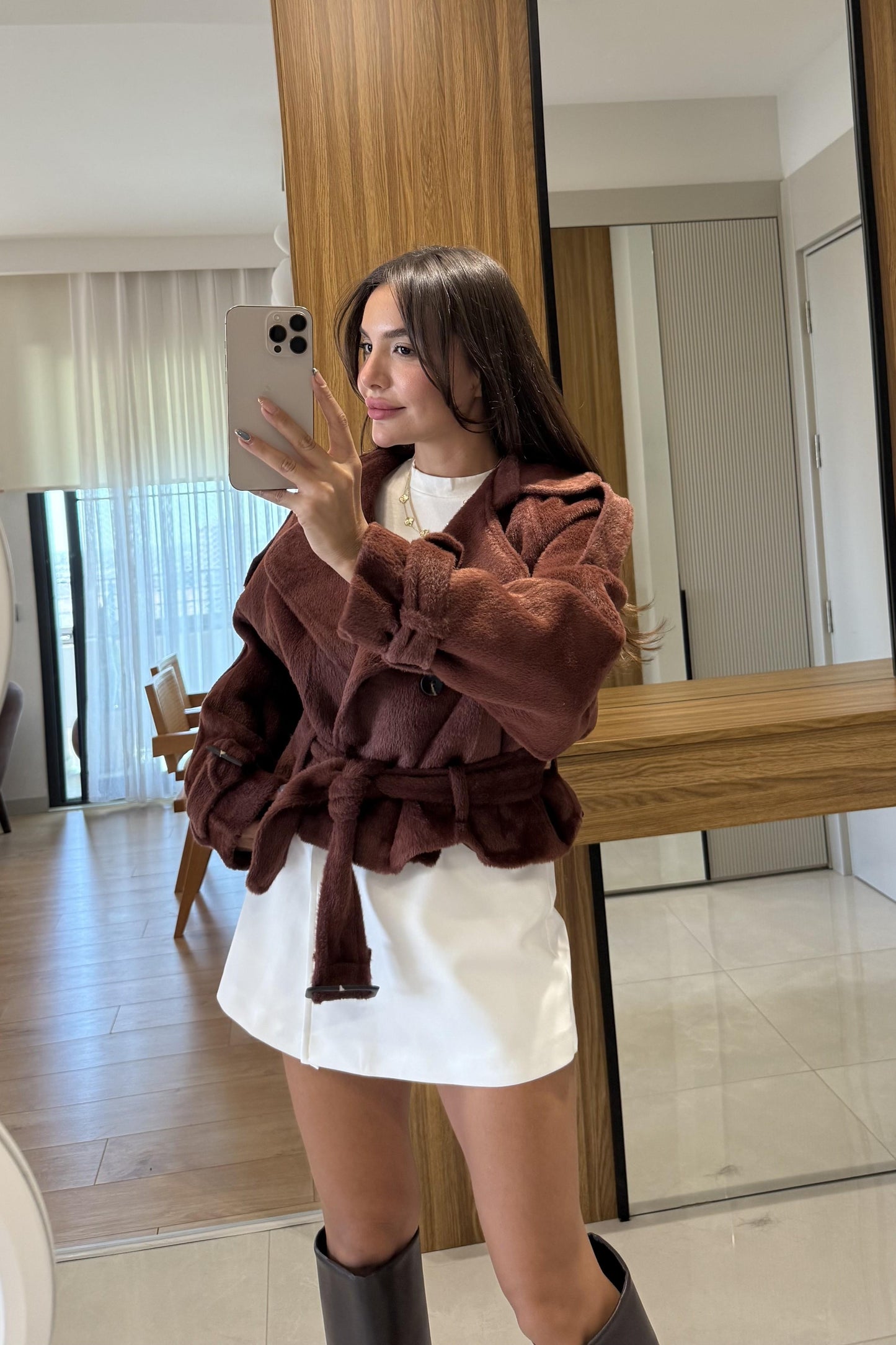 Devida Kiremit Kemerli Peluş Ceket