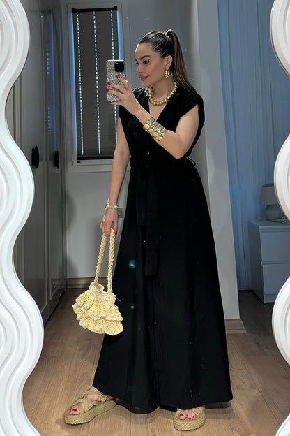 Dian Kemerli Buruşuk Elbise - Siyah