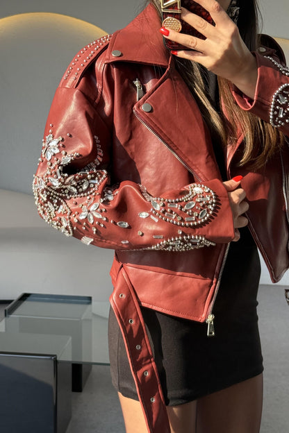 Diana Bordo Tasarım Taşlı Deri Lüks Ceket