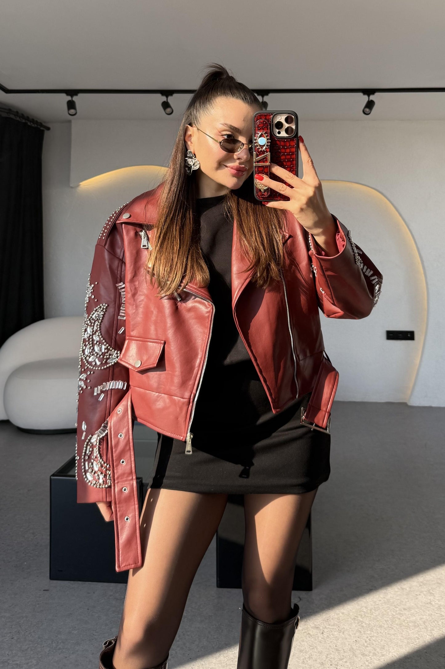 Diana Bordo Tasarım Taşlı Deri Lüks Ceket