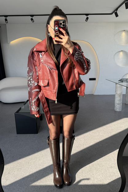 Diana Bordo Tasarım Taşlı Deri Lüks Ceket