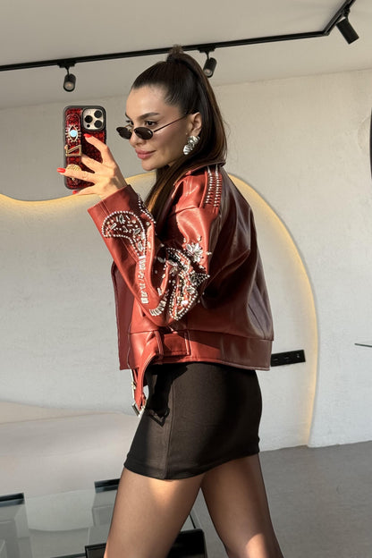 Diana Bordo Tasarım Taşlı Deri Lüks Ceket
