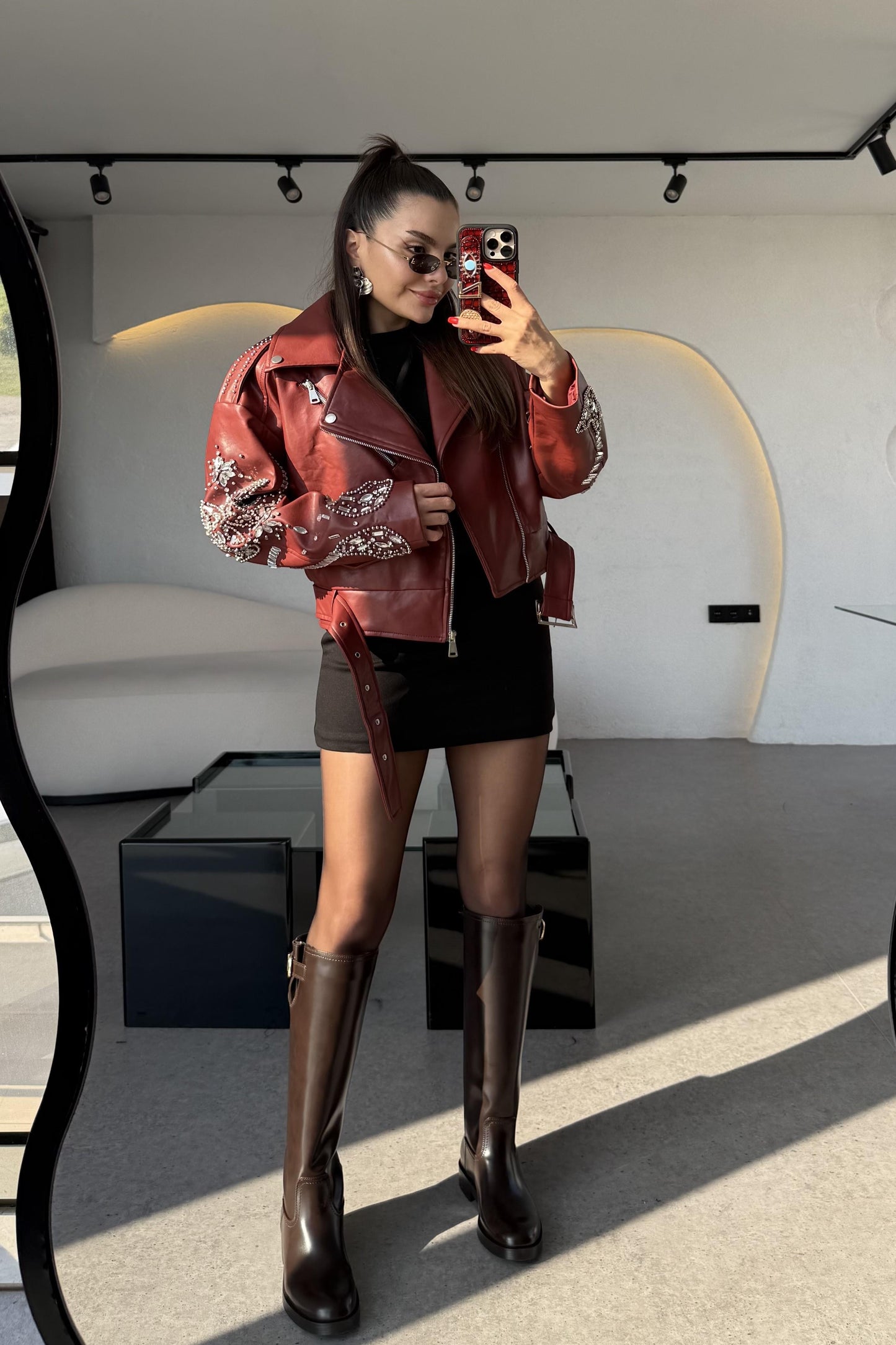 Diana Bordo Tasarım Taşlı Deri Lüks Ceket