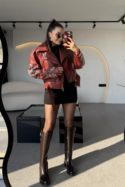 Diana Bordo Tasarım Taşlı Deri Lüks Ceket