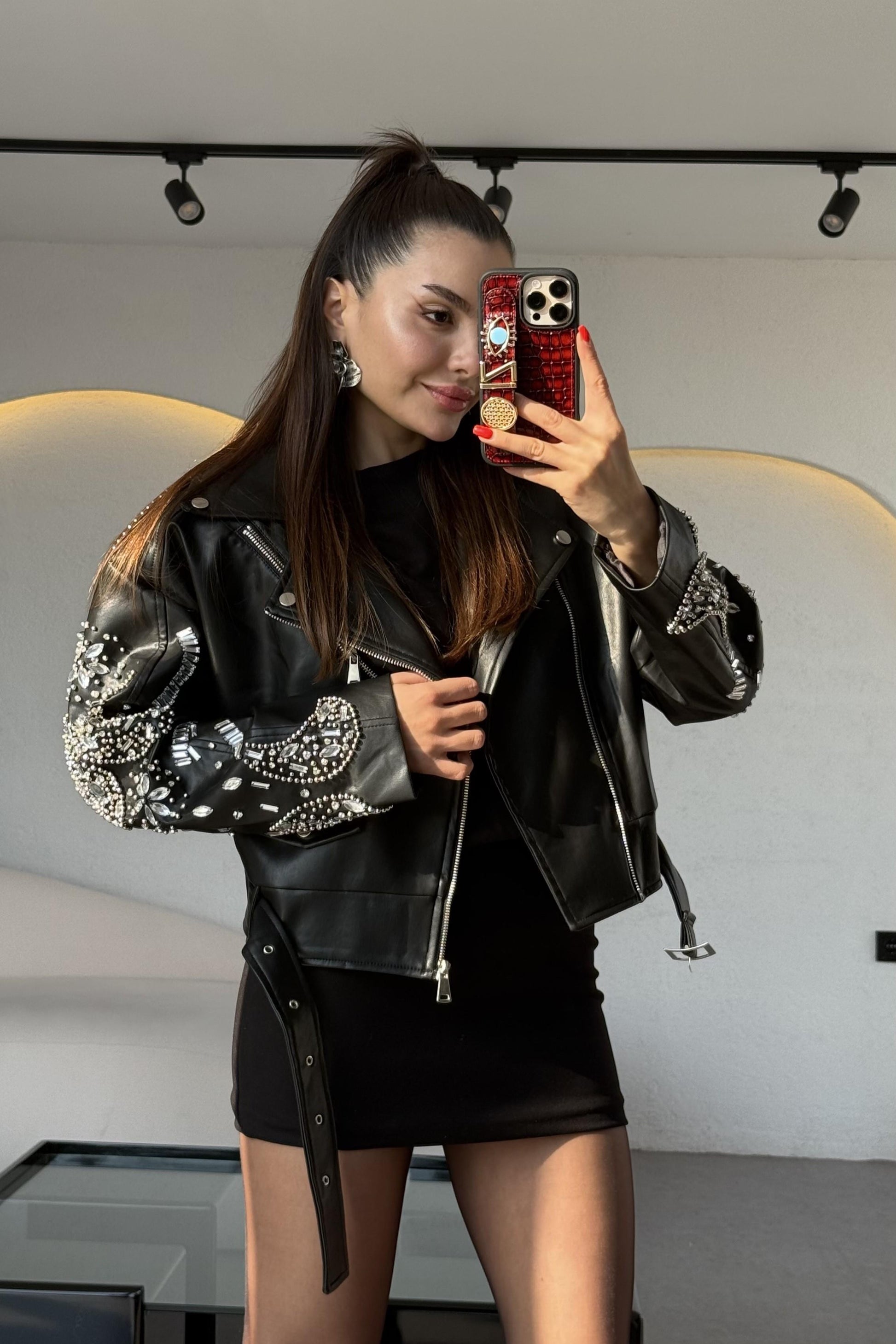 Diana Siyah Tasarım Taşlı Deri Lüks Ceket