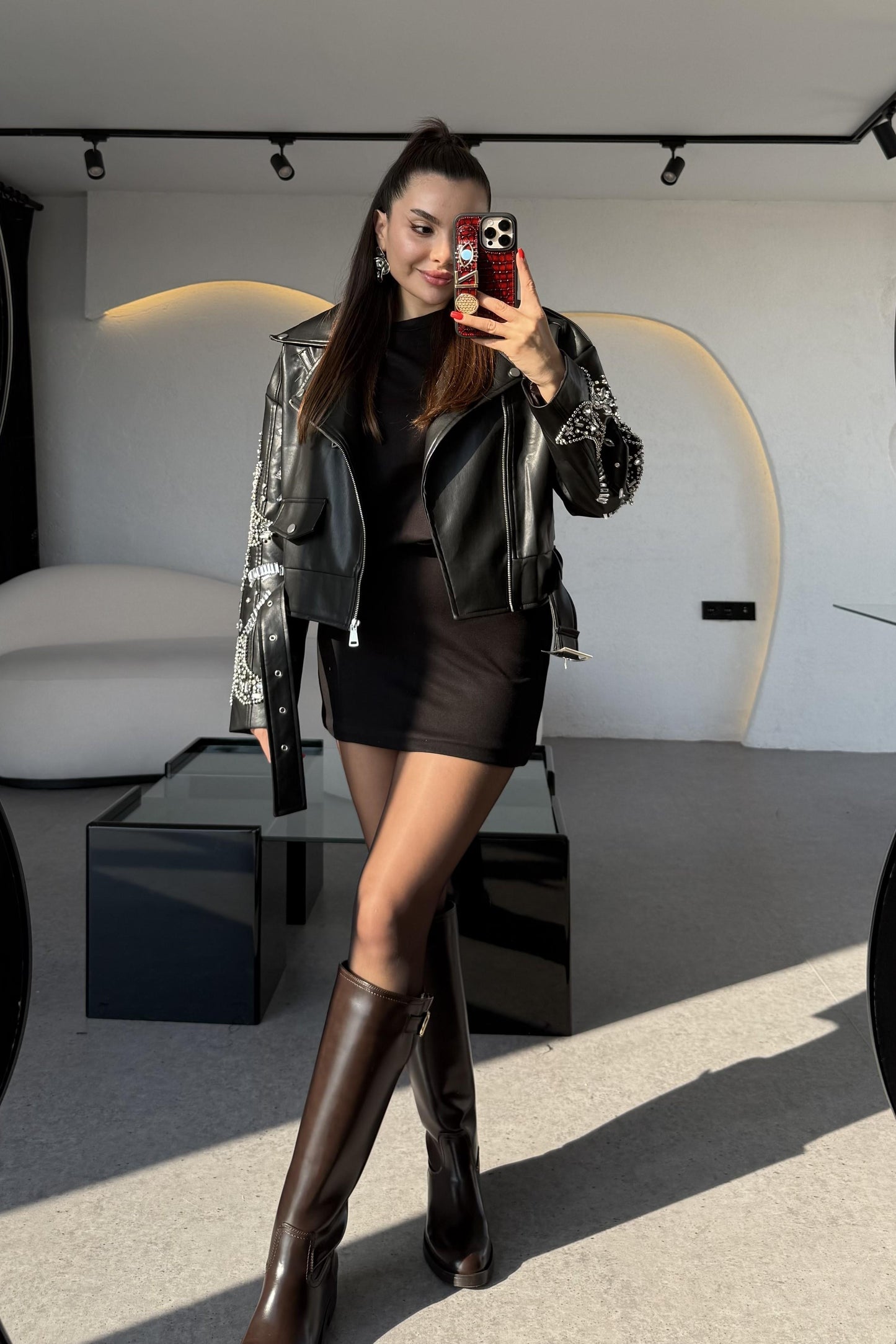 Diana Siyah Tasarım Taşlı Deri Lüks Ceket