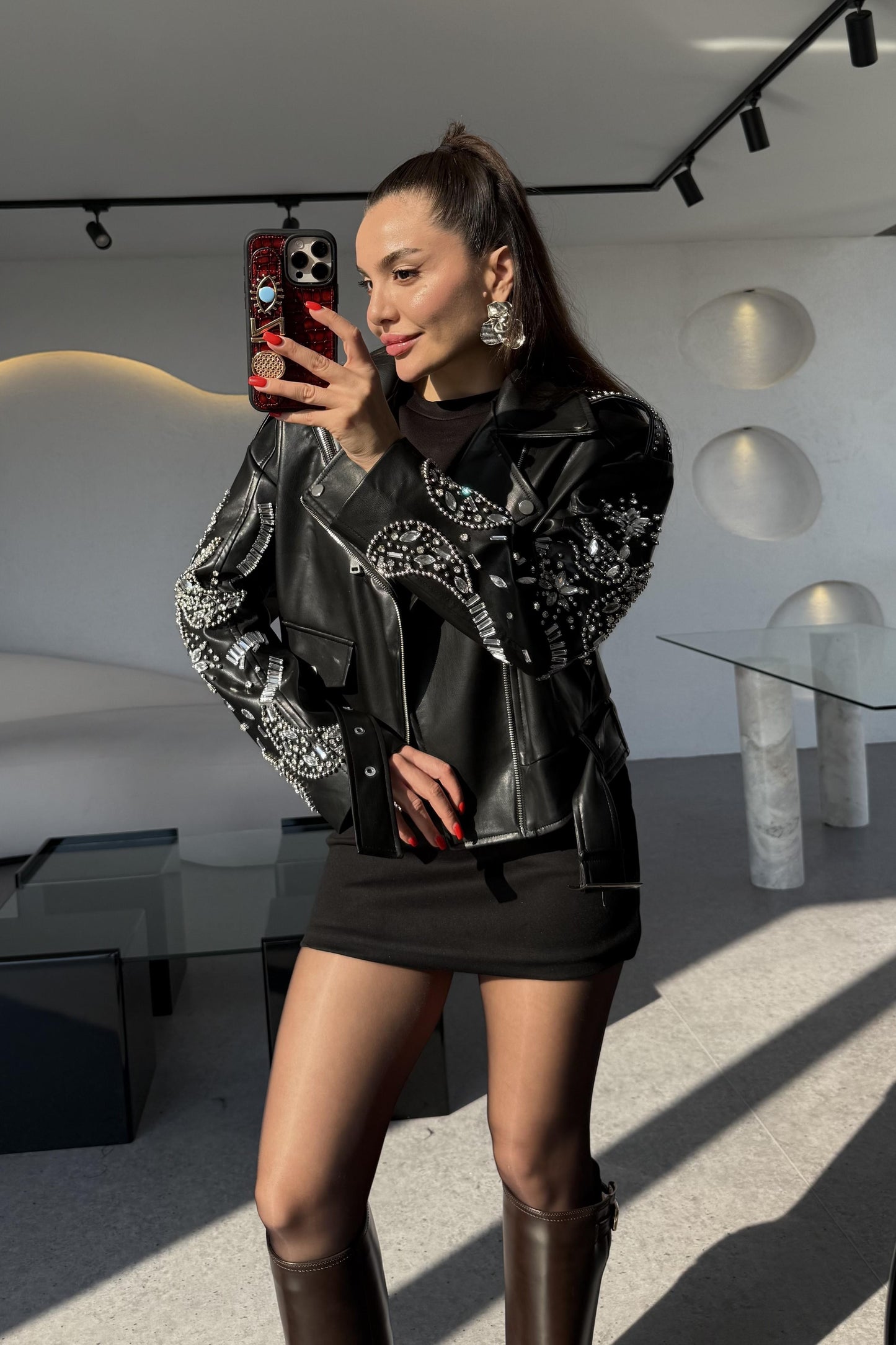 Diana Siyah Tasarım Taşlı Deri Lüks Ceket