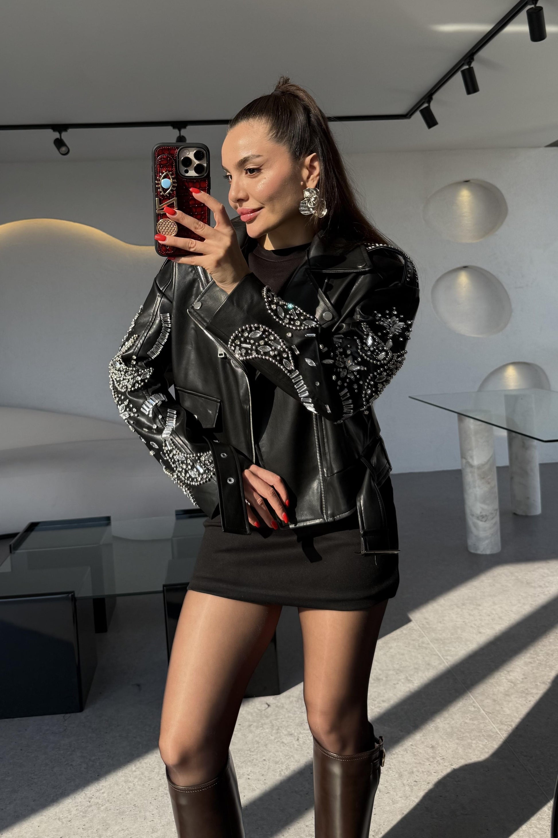 Diana Siyah Tasarım Taşlı Deri Lüks Ceket