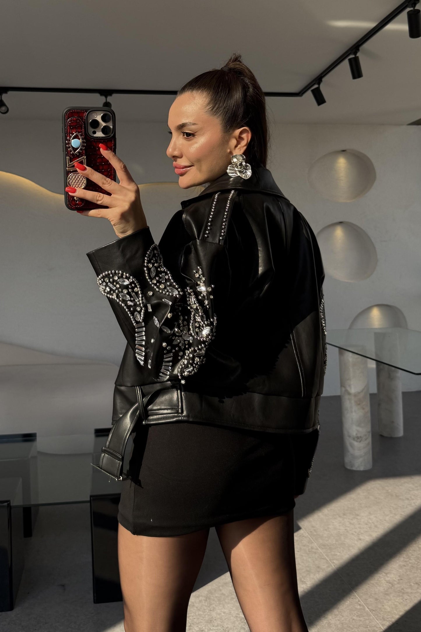 Diana Siyah Tasarım Taşlı Deri Lüks Ceket