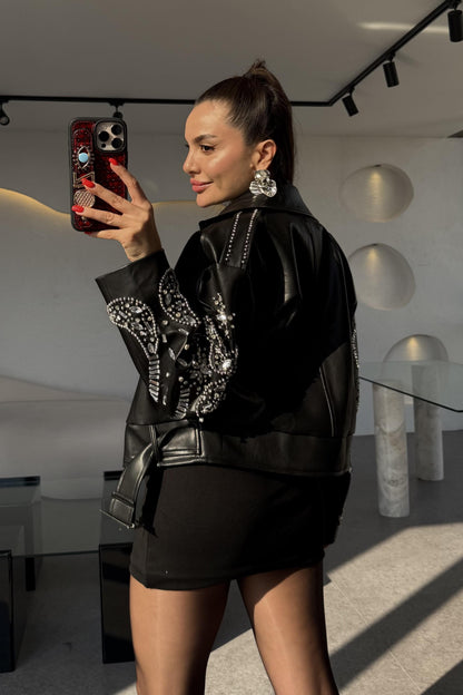 Diana Siyah Tasarım Taşlı Deri Lüks Ceket