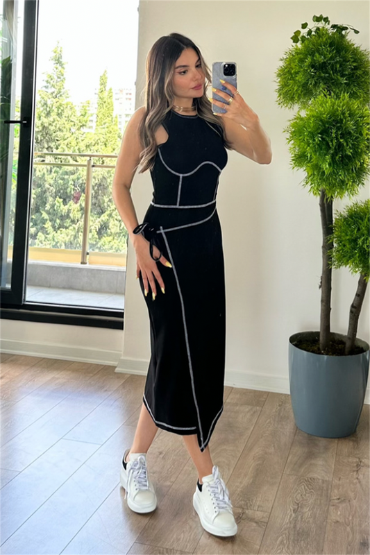 Dikiş detaylı siyah tasarım spor elbise
