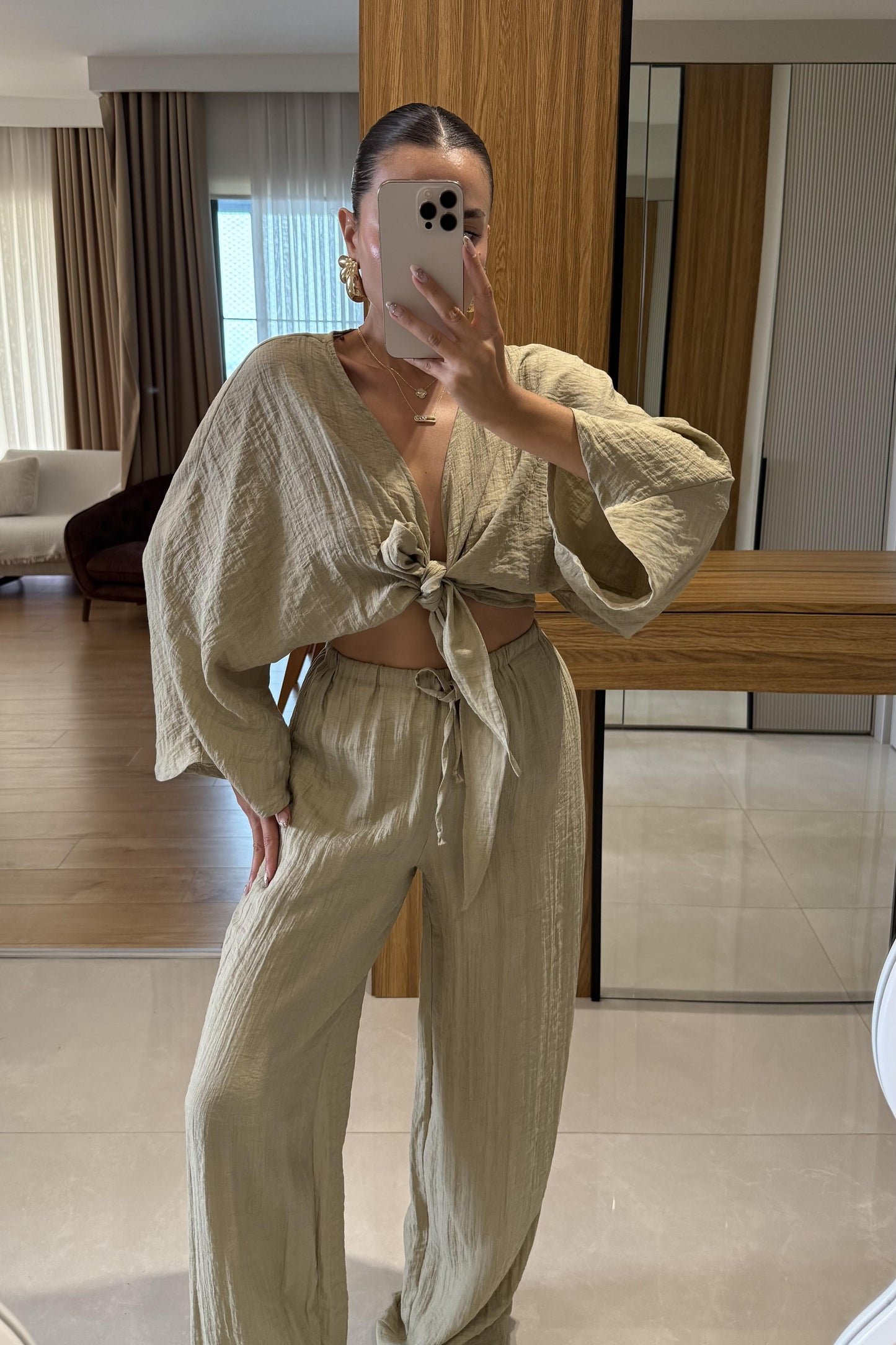 Diora Açık Haki Bağlamalı Astarlı Takım