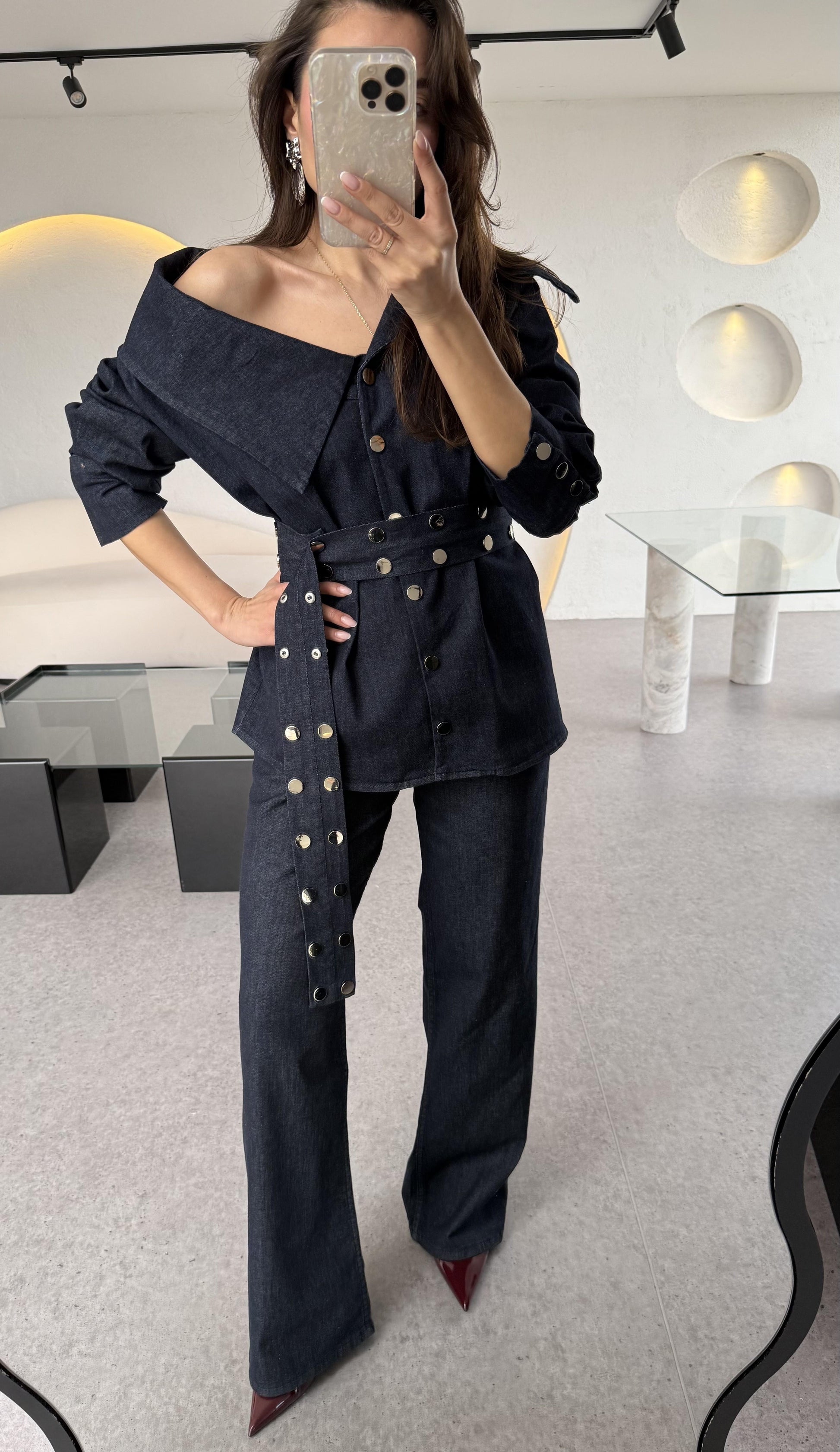 Dobbie Zımba Detaylı Denim Kruvaze Yaka Takım