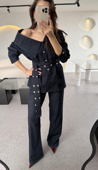 Dobbie Zımba Detaylı Denim Kruvaze Yaka Takım
