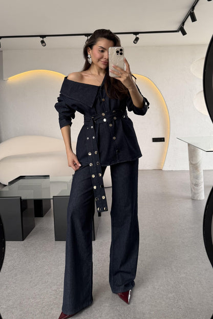 Dobbie Zımba Detaylı Denim Kruvaze Yaka Takım