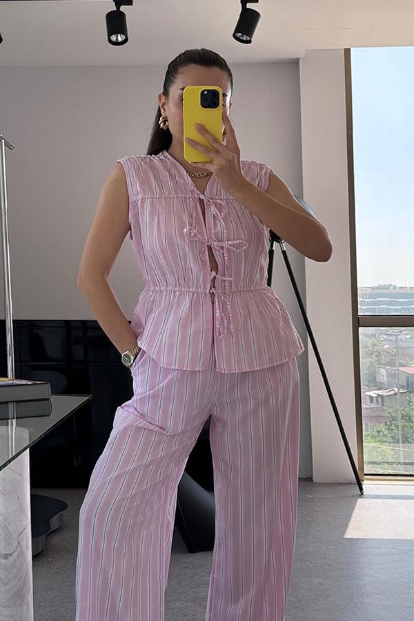 Domenica Pembe Çizgili Bağlamalı Takım