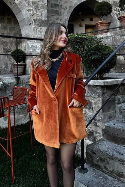 Doree Kiremit Kadife Blazer Ceket