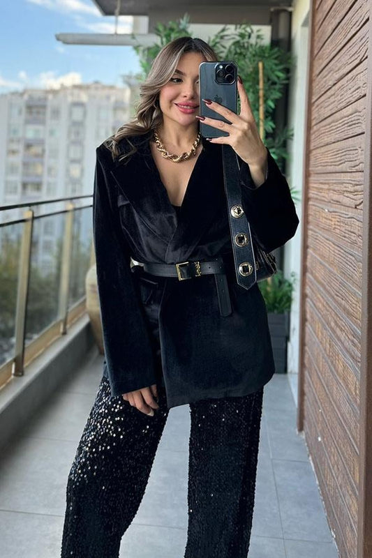 Doree Siyah Kadife Blazer Ceket