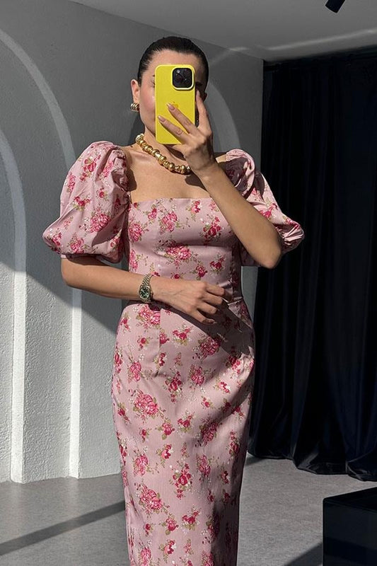 Dorina Balon Kol Kare Yaka Pembe Elbise