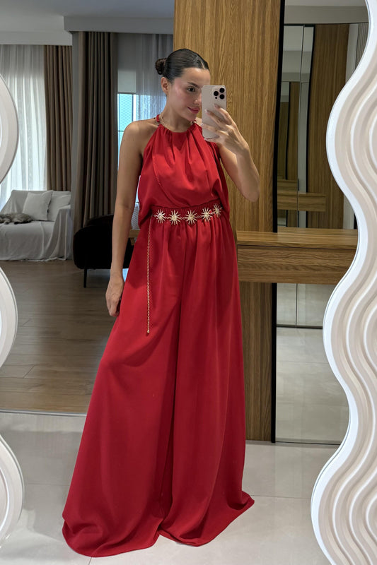 Draya Kırmızı Boyun Detaylı Pantolonlu Takım