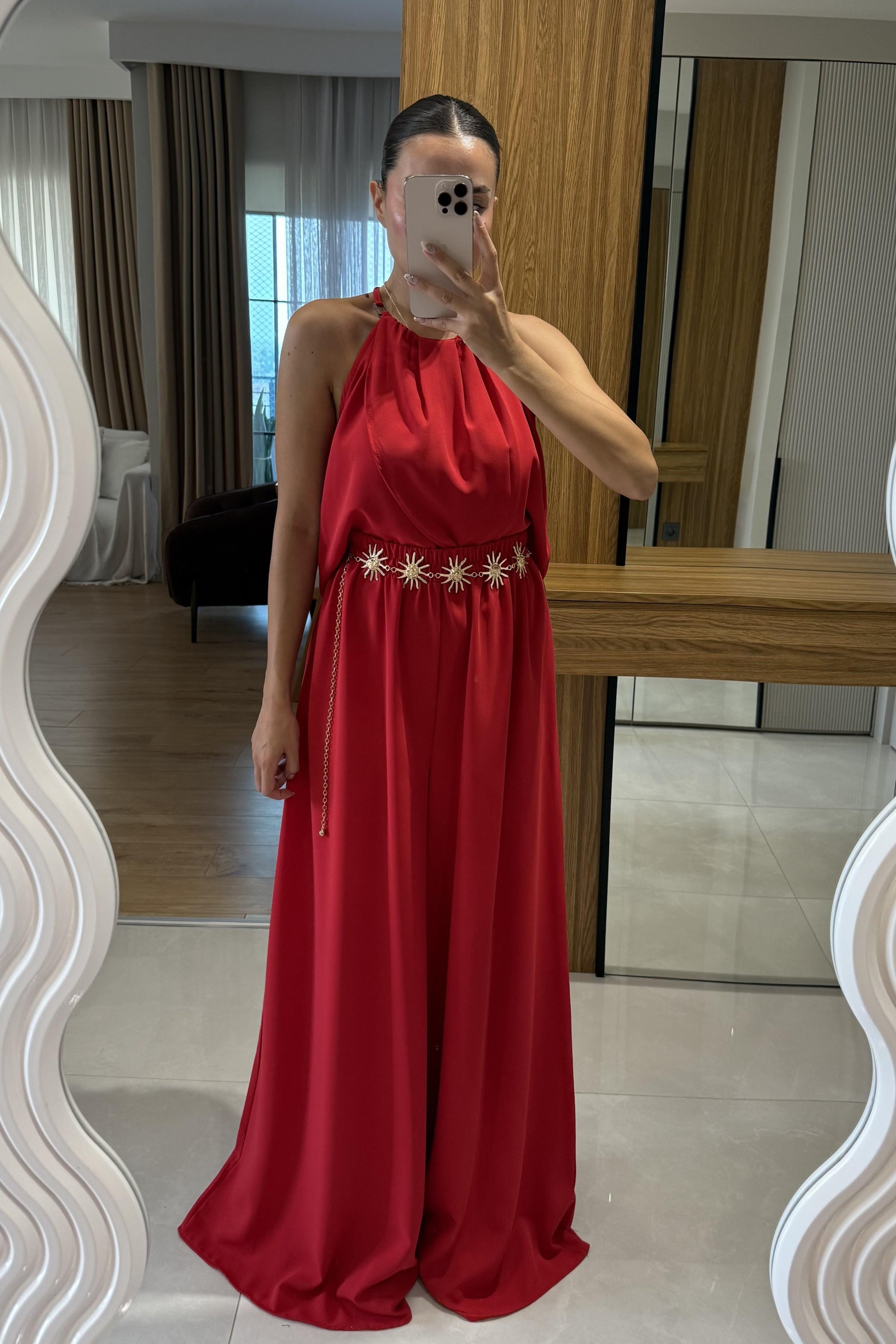 Draya Kırmızı Boyun Detaylı Pantolonlu Takım