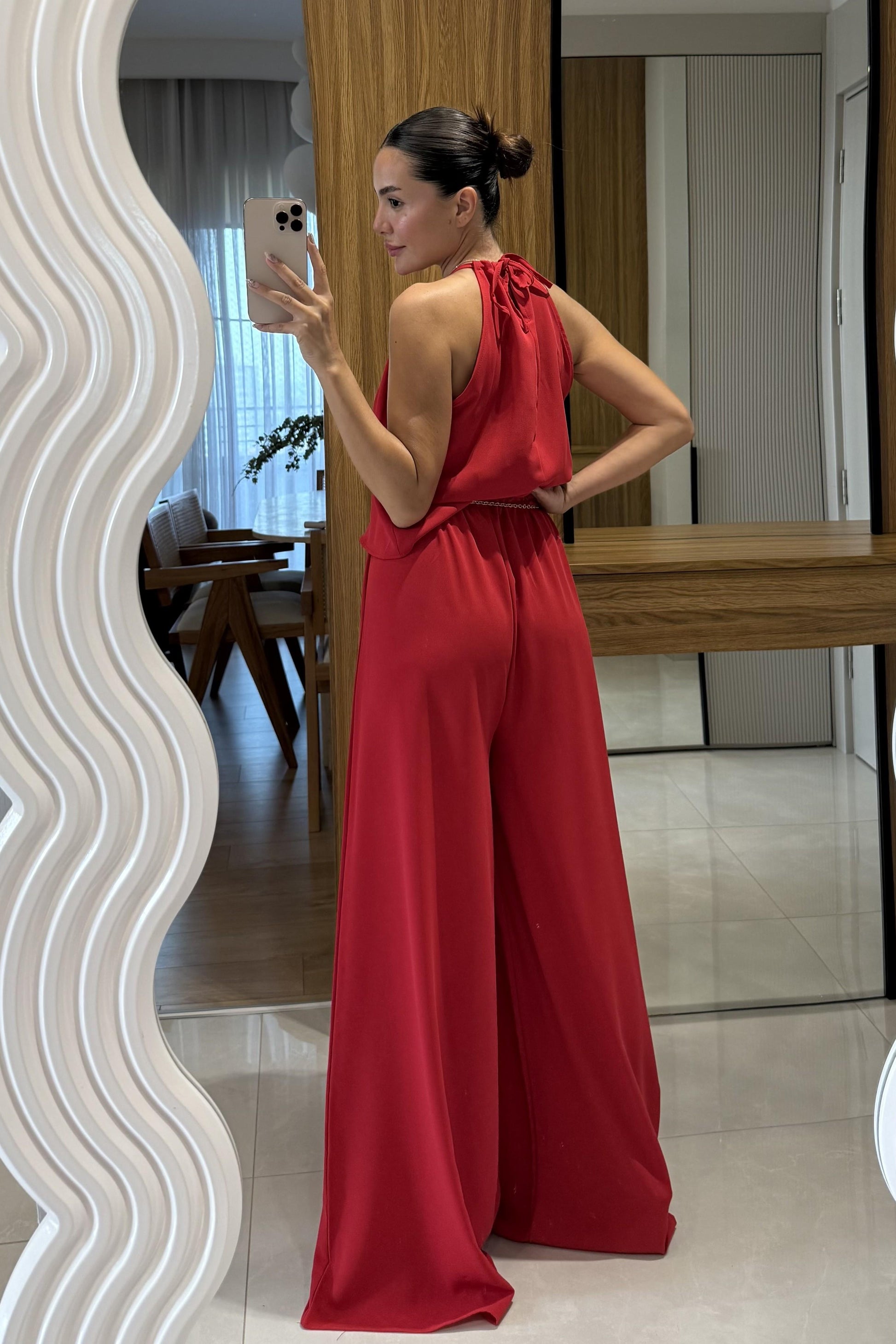 Draya Kırmızı Boyun Detaylı Pantolonlu Takım