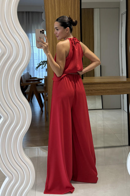 Draya Kırmızı Boyun Detaylı Pantolonlu Takım