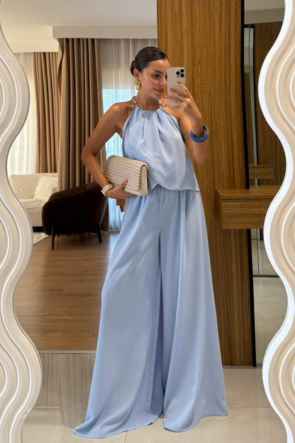 Draya Mavi Boyun Detaylı Pantolonlu Takım