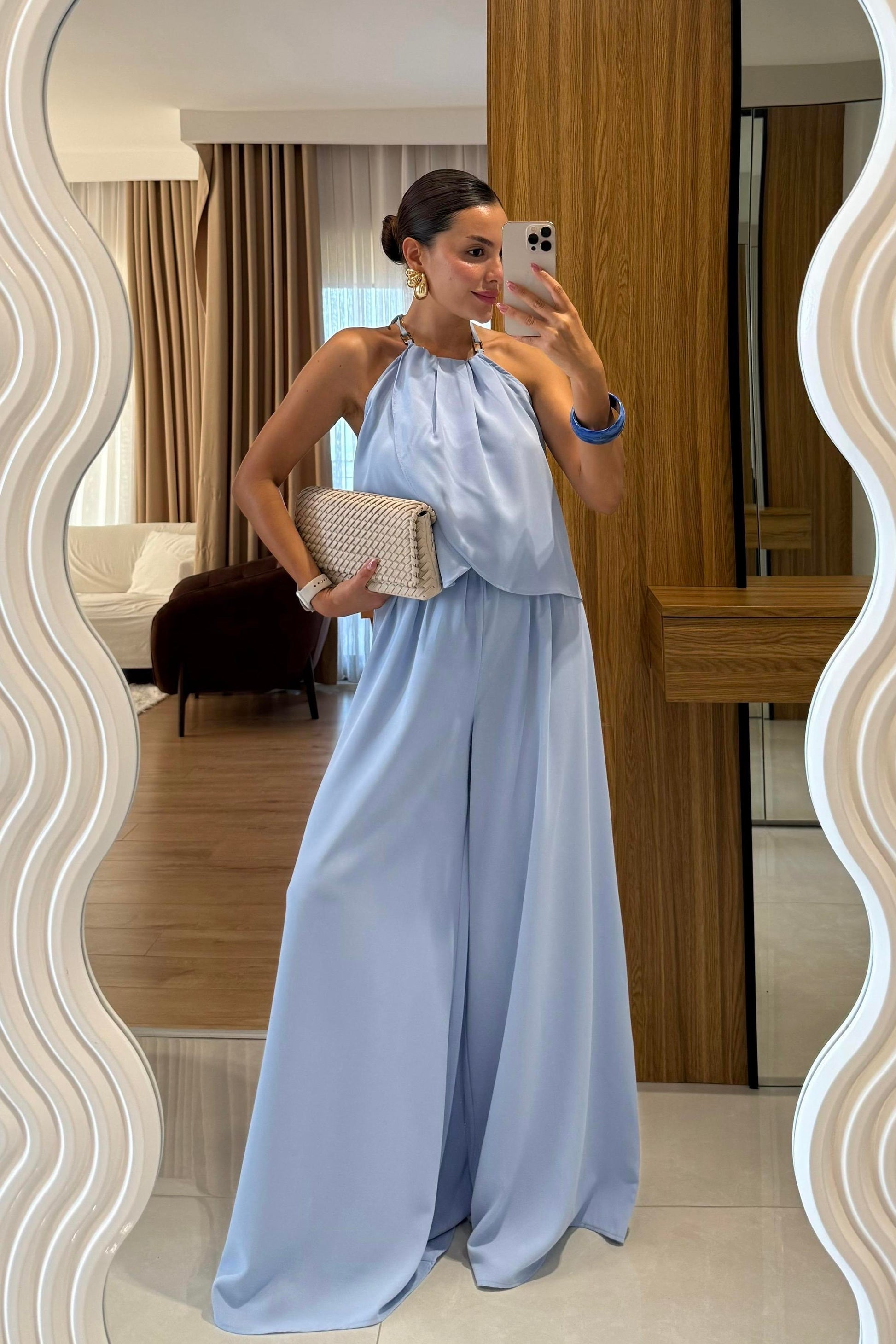 Draya Mavi Boyun Detaylı Pantolonlu Takım