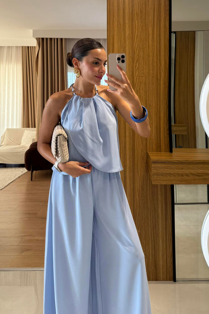 Draya Mavi Boyun Detaylı Pantolonlu Takım