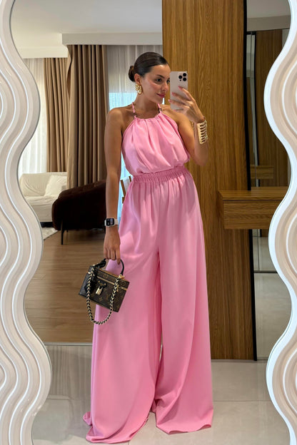 Draya Pembe Boyun Detaylı Pantolonlu Takım