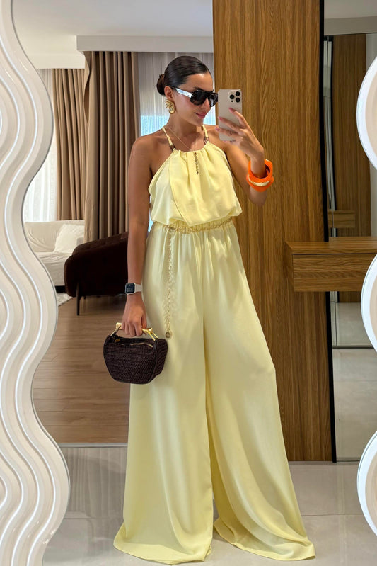 Draya Sarı Boyun Detaylı Pantolonlu Takım