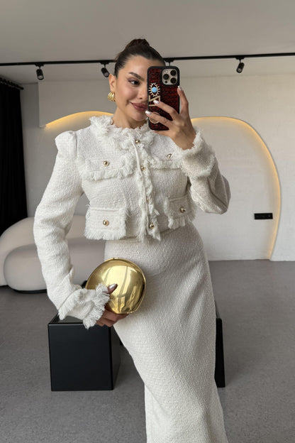 Dries Beyaz Gold Düğmeli Premium Tüvit Takım