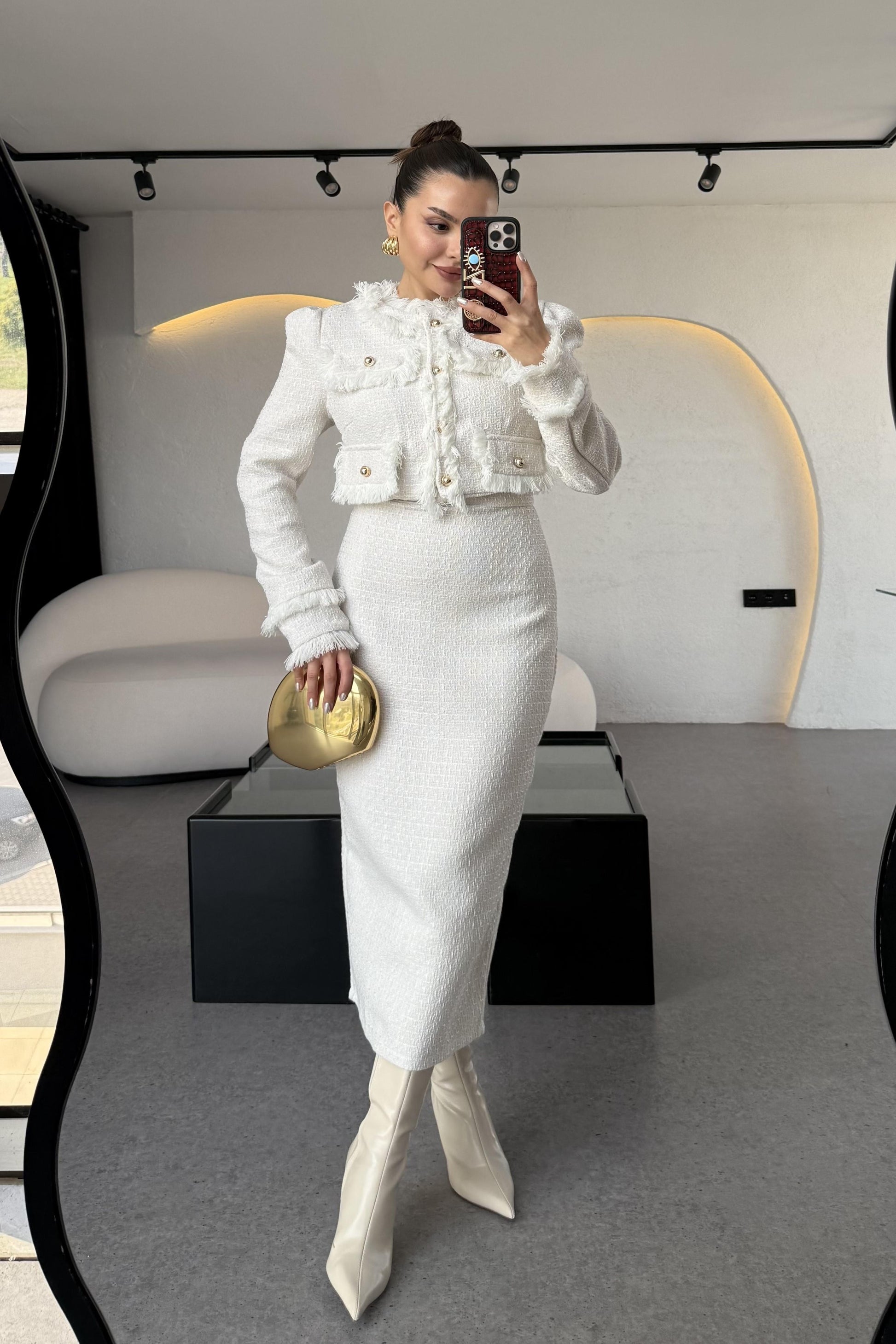 Dries Beyaz Gold Düğmeli Premium Tüvit Takım