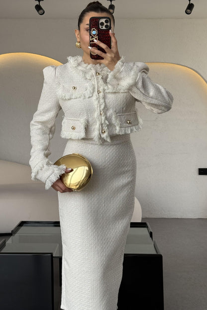 Dries Beyaz Gold Düğmeli Premium Tüvit Takım