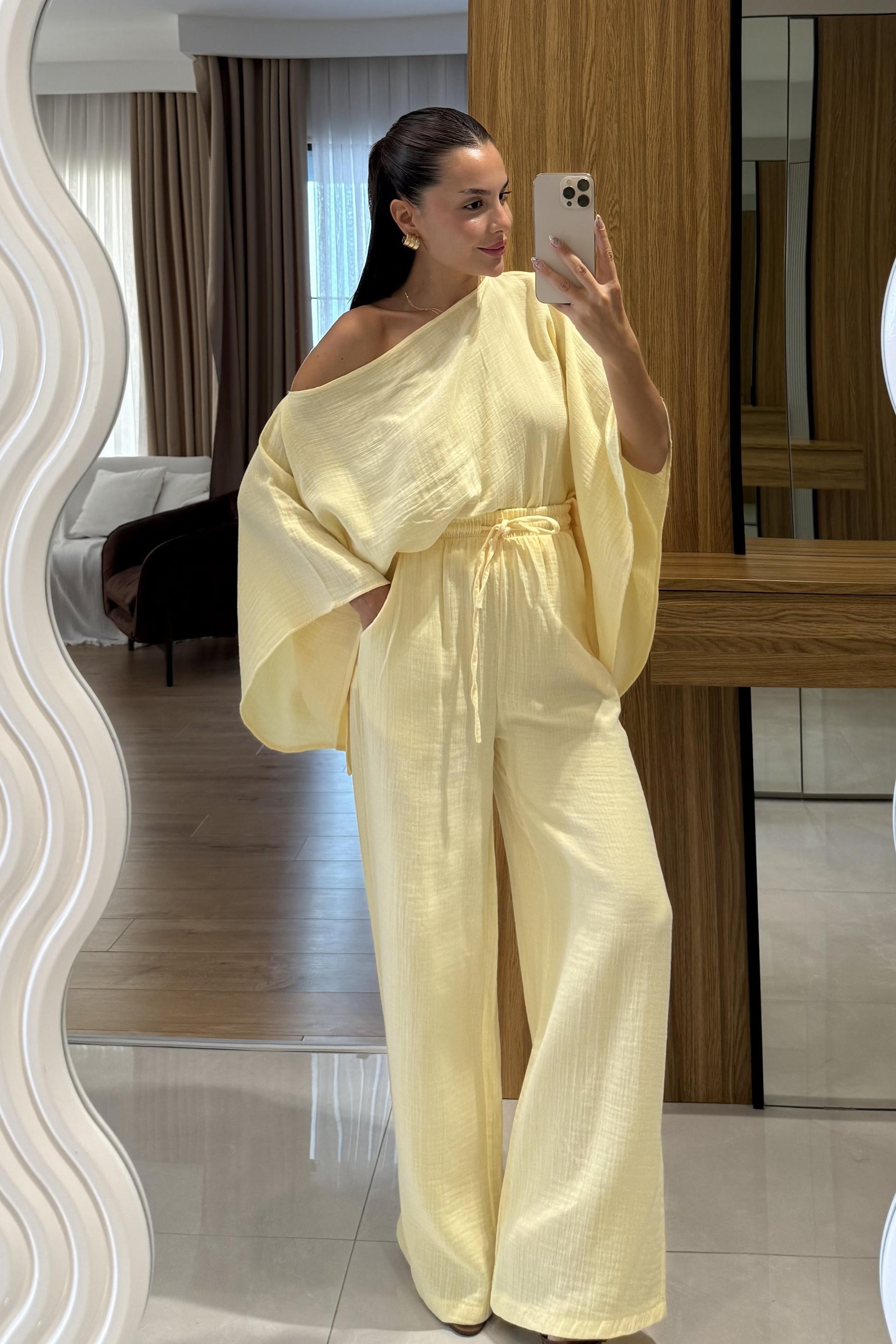 Dubai Sarı Yarasa Kol Müslin Takım