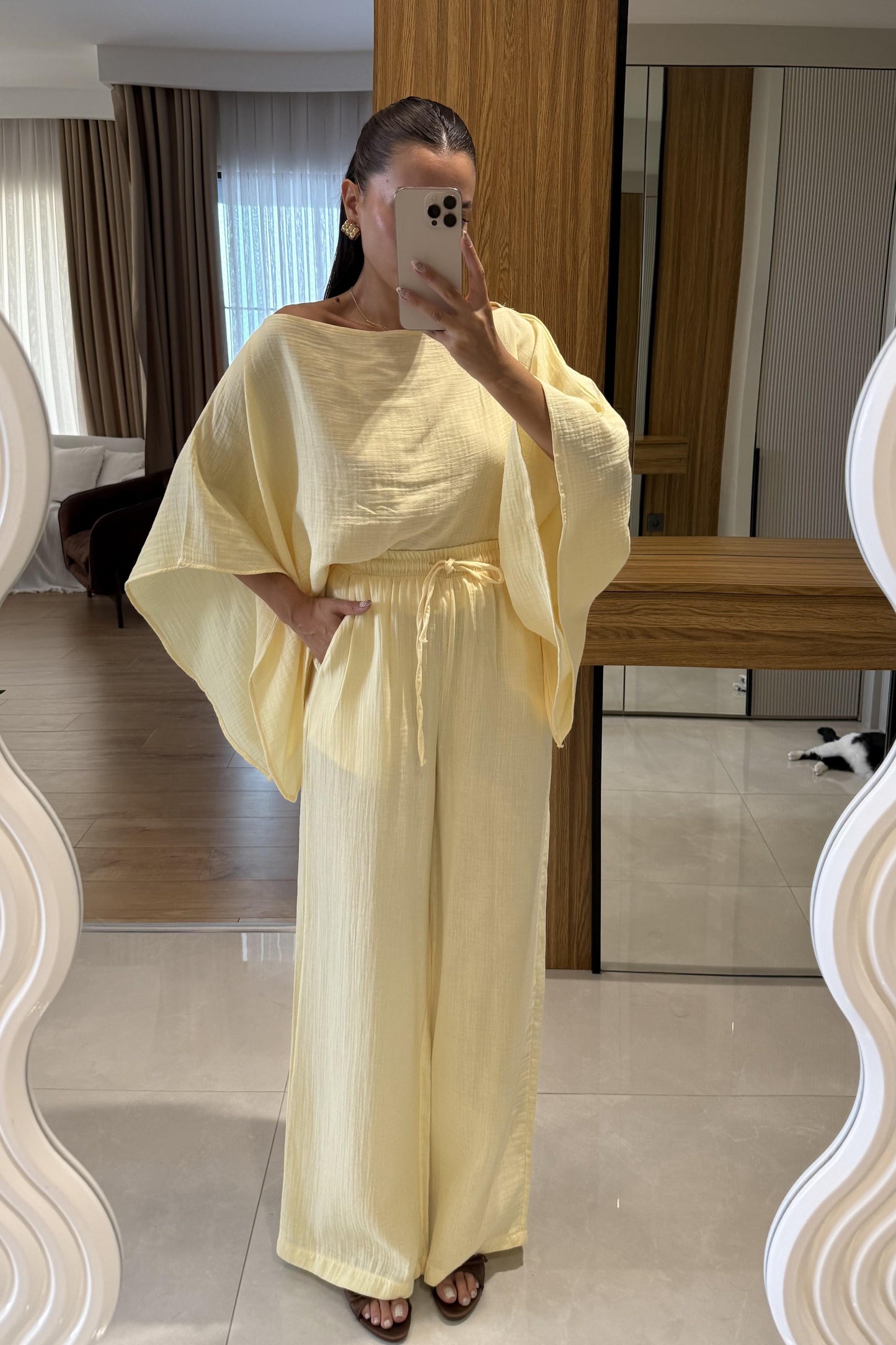 Dubai Sarı Yarasa Kol Müslin Takım