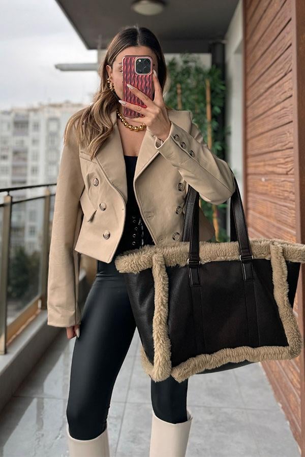 Edisa Kruvaze Deri Ceket - Bej