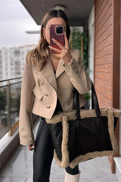 Edisa Kruvaze Deri Ceket - Bej