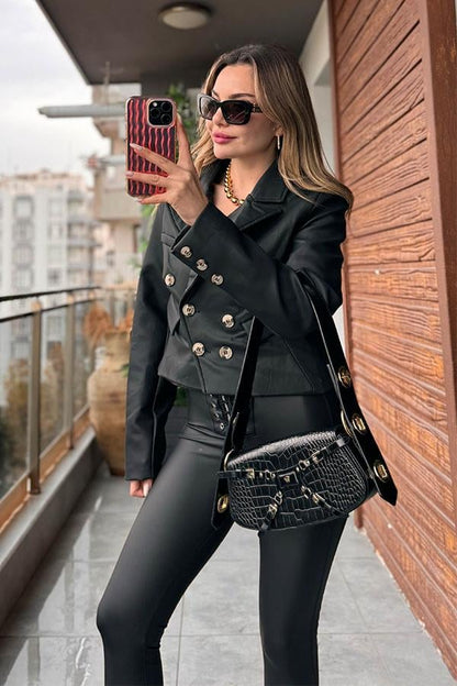 Edisa Kruvaze Deri Ceket - Siyah